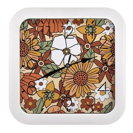 Square Clock 10.2in Easy To Hang Sweep Second Sound Light For Office Bedroom Living Room Classroom Dining Room Hanging 70s Retro Floral Pattern
