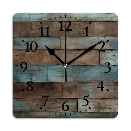 Square Wall Clock,Rustic Blue And Brown Wooden Wall BackgSquare In The Boho Style,Silent Non-Ticking Wall Clock Decor for Home Office Kitchen Living Room Bedroom(12inch)