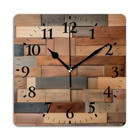 Square Wall Clock,Wall Made Of Different Wooden Blocks,Silent Non-Ticking Wall Clock Decor for Home Office Kitchen Living Room Bedroom(12inch)