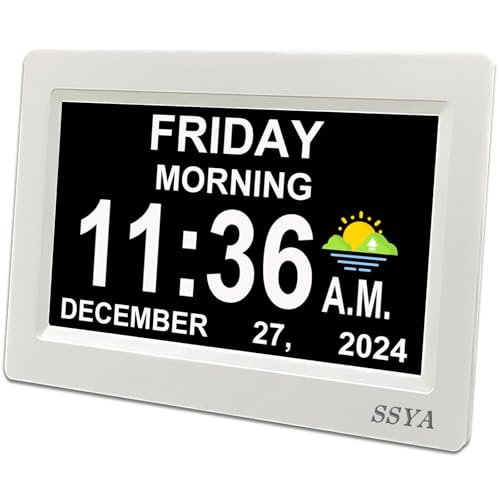 SSYA Digital Calendar Alarm Clock - Dementia Clocks for Seniors, Non-Abbreviated Memory Loss Clock with Date and Time for Elderly (White)