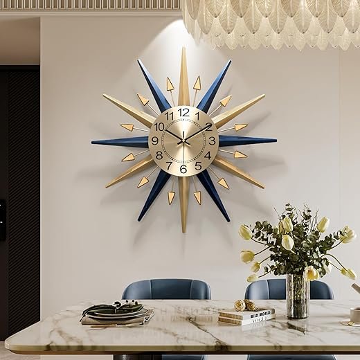 Starburst Large Wall Clock,Mid Century Decorative Wall Clock Modern Silent Clock Battery Operated for Living Room/Kitchen/Entryway/Bedroom/Office/Dinning Room Metal Wall Decor