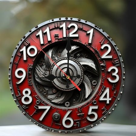 Steampunk Red Clock Wall Decor Metal Gear 10-Inch Silent Wooden Wall Clock, Battery Operated (AA Batteries Not Included), Artistic Home Decor