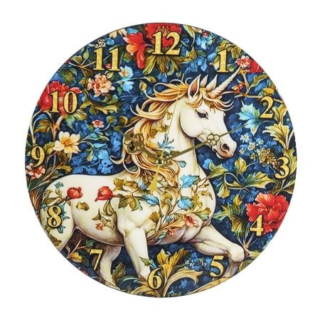 STP GOODS Unicorn William Morris Round Wooden Wall Clock 11.4 (29 cm) Analog Clock with Arabic Numbers for Kitchen Home Office Bedrooms Decor Kitchen Battery Operated, Floral Pattern, Blue Red