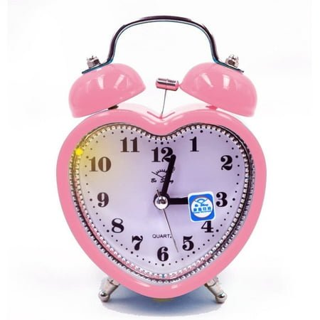 Students Seniors 3in Twin Bell Loud Alarm Clock Silent Analog Quartz Nightlight Clock Battery Operated for Heavy Sleepers Heart Shape Pink
