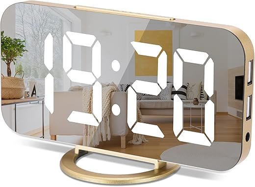 Sukeen Digital Alarm Clock,6 Large LED Display with Dual USB Charger Ports | Auto Dimmer Mode | Easy Snooze Function, Modern Mirror Desk Wall Clock for Bedroom Home Office for All People (Gold)