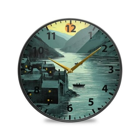 Sunset Riverside Town Wall Clock Modern Decor Acrylic Clock Golden Hands 9.5in