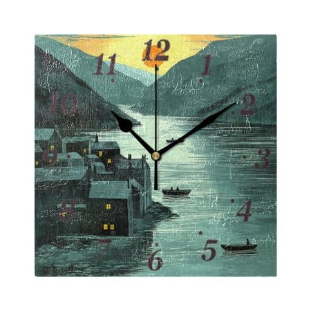 Sunset Riverside Town Wall Clock Square Clock Decoration Creative Clock Dual Use Black Pointer 7.78in