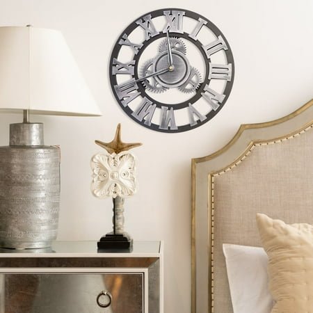 TABLZONE Creative Industrial Gear Wall Clock Silver Wooden Hanging Decor for Home