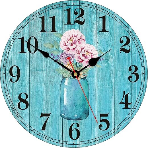 TAHEAT 14 Inch Flowers in Bottle Pattern Wall Clock, Retro Vintage Floral Silent Non Ticking Wooden Clocks, Decorative Easy to Read for Kitchen Living Room Bedroom Bathroom Office Decor