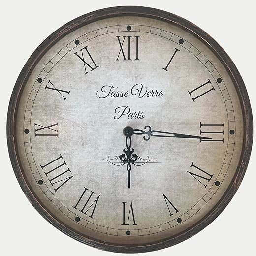 Tasse Verre 12 Inch Vintage Wall Clock - Farmhouse Decor Distressed White Washed Mechanical Quiet Silent - Retro Vintage Hanging Brown Non-Ticking Round