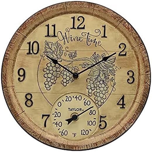Taylor Wine Time Poly Resin Indoor and Outdoor Clock and Thermometer, Home Decor for Garden, Patio, Pool, and Indoor Areas, 14-inch, Multi-Color