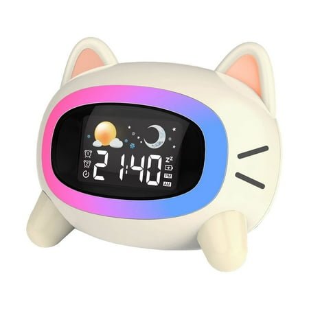 Teen Bedroom Digital Alarm Clock with Night Light - Cat Shaped Alarm Clock with Seven Night Lights, Five Soothing Sounds, Auto-Off Timer, Cream White(One Pcs)