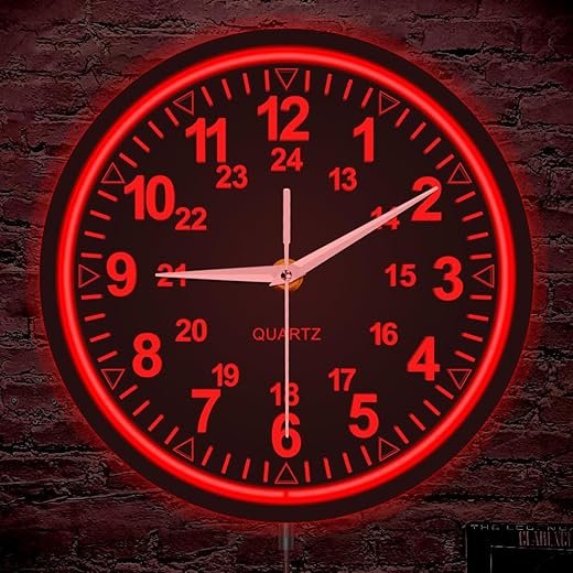 The Geeky Days 12 and 24 Hour Metal Frame Wall Clock with Red LED Backlight for Man Cave Bedroom Military Home Decor Timepiece Universal Time Retro LED Neon Glowing Wall Clock Army Veteran Gift Idea