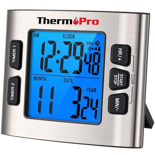 ThermoPro TM02 24 Hours Digital Timer with Dual Kitchen Timers for Cooking, Stop Watches Magnetic Timer Clock with Adjustable Alarm Volume & LCD Backlit Display, Classroom Timer for Kids & Teachers