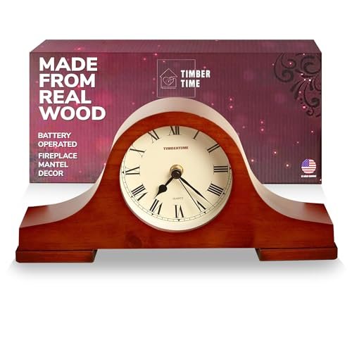 TIMBERTIME Vintage Desk Clock, 13x6 - Silent, Made of Real Wood, Table Clock, Easy to Read Roman Dials, Perfect for Fireplace Mantels, Office Desks, Living Rooms & Gifting
