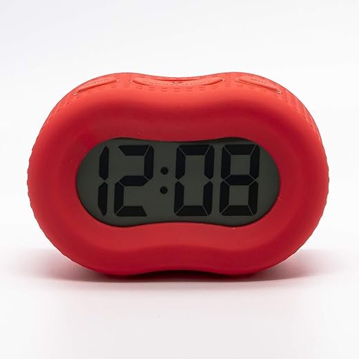 Timelink Smartlight Rubber Alarm Clock with Automatic Night Light and Large Display – Easy-to-Use Digital Alarm with Snooze, Soft Rubber Case, Battery Operated, for Kids and Adults (Red)