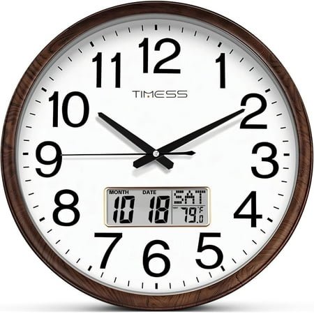 TIMESS 13 Digital Wall Clock with Brown Wood Grain Frame, Calendar and Temp Display, Silent Quartz