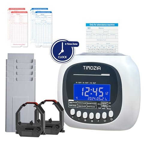 TIMOZIA Time Clock for Employees Small Business, 6 U.S. Time Zones, Automatic Daylight Saving & Auto Time Update, Punch Card Time Recorder with 6 Punches Per Day-100 Time Cards, 2 Ribbons, 1 Card Rack
