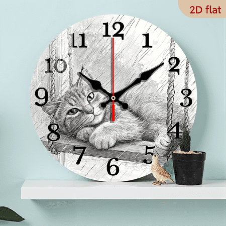 Tllo0ord 2D Flat 1pc 10Inch Wooden Silent Hanging Clock, Modern Light Luxury Style Cat Rope Swing Hanging Clock, Suitable for Living Room, Study and Dining Room Decoration, Battery Powered