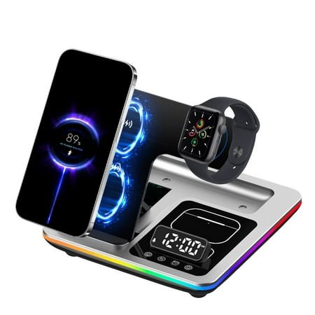 TOPRenddon Smart 3 in 1 Wireless Charger Alarm Clock, Digital with LED Display, 15w Fast Charging Station Compatible with iPhone, Smartwatch, Earphones