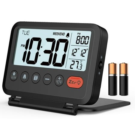 Travel-Friendly Digital Clock, 3.54 Inch LCD, 9-Minute Snooze, 2 Alarm Volumes, Backlight, Calendar, Temperature, Battery Operated