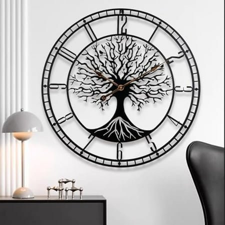 Tree of Life Wall Clock, 24Inch Metal Black Family Tree Oversized Wall Clocks for Living Room Bedroom Home Decor, Modern Silent Mid-Century Battery Operated