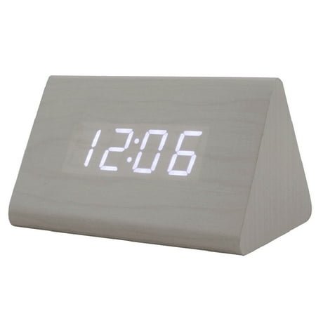 Triangle Modern LED Wooden Alarm Clock with Sound Control, Digital Desk Clock and Thermometer, White Wood Frame with White Light
