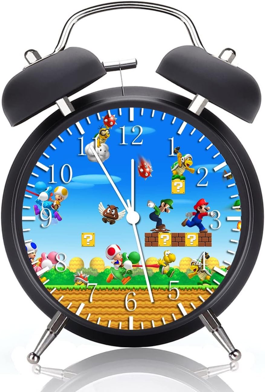 Twin Bell Mario Alarm Desk Clock with Night Light Quite Silent Non-Ticking 4 Inches Metak and Glass Face Great for Decor or Gifts W425