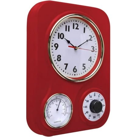 UGUCYUI--9.5 Inch x 12.5 Inch -Retro Kitchen Wall Clock, Vintage Wall Clock with a Thermometer and 60-Minute Timer, Ideal for Any Kitchen, Office, or Diner (Retro Red)
