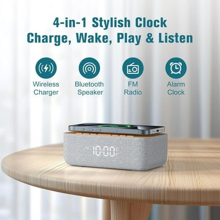 UGUCYUI-Alarm Clock Radio with Wireless Charging, Fast Magnetic Charging for Phone/iPhone, Bluetooth Speaker, FM Radio, Dimmable Digital Clock for College Dorm, Bedroom, Bedside, Desk