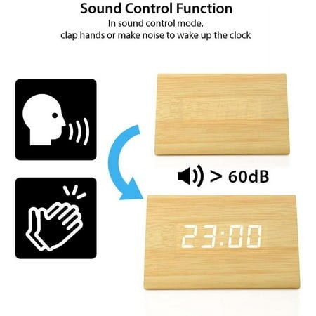UGUCYUI-OCT17 Wooden Wood Clock, New Version LED Alarm Digital Desk Clock Adjustable Brightness, Alarm Time, Displays Time Date Temperature - Bamboo