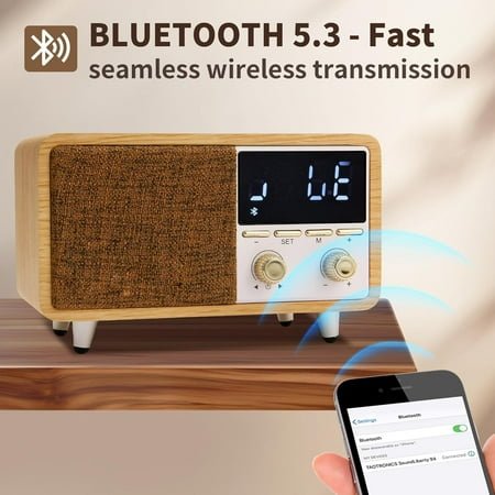 UGUCYUI-Retro Bluetooth Speaker Clock Radio with Fabric Grille&Wood Finish,Vintage FM Radio with Dual Alarm,Dimmable LED Display for Bedroom Nightstand,Office Desk,Loud Sound,Rechargeable,Knob Contro