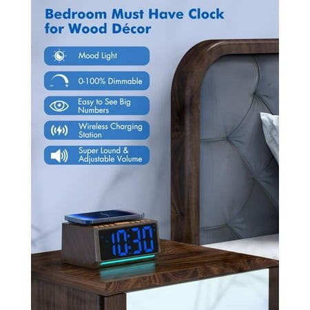 UGUCYUI-Retro Digital Alarm Clocks for Bedrooms with Large Numbers, Desk Clock with Wireless Charging Station, 7 Mood Lights, Dimmer, Snooze, 12/24H, Loud Alarm Clock for Heavy Sleepers Adults, Vinta