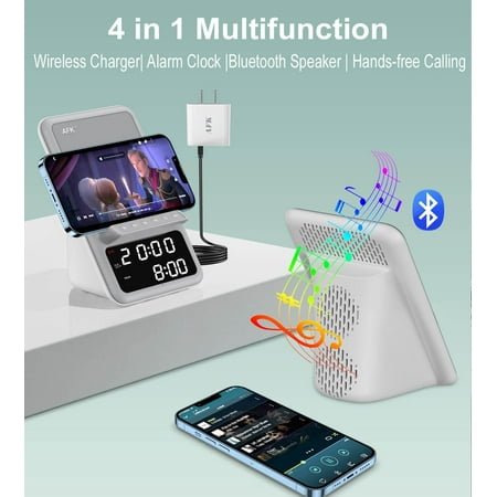 UGUCYUI-Wireless Charging Station with Bluetooth Speaker and Alarm Clock,Wireless Charger Compatible with iPhone,Android Phones (Gray-White)