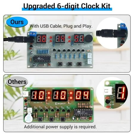 UKLL-6-Digit DIY Digital Clock Kit - Electronic Alarm Clock for Beginners - Soldering Practice Learning With USB Cable and English Manual for College High School Education