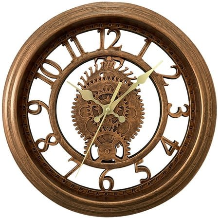 Unique Bargains Rustic Farmhouse Gear Clock with Moving Gears Wall Clock Brown