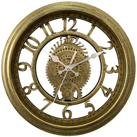 Unique Bargains Rustic Farmhouse Gear Clock with Moving Gears Wall Clock Gold
