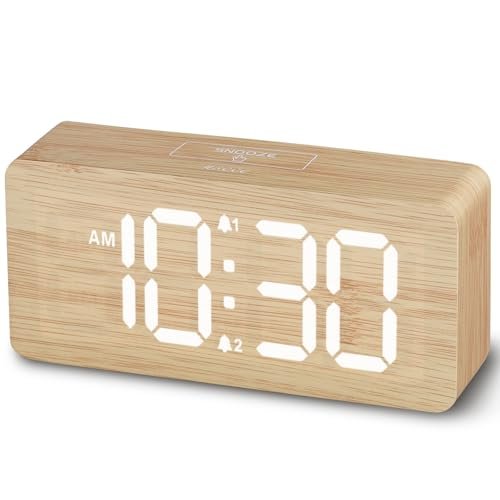 uscce Wooden Digital Alarm Clocks for Bedrooms: Dimmable Dual Alarm Clock with Large Numbers for Bedside Desk - Loud Alarm for Heavy Sleepers with Volume Control - Wood Decor & Gifts