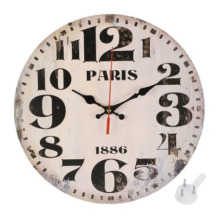 Uxcell Vintage Distressed White Numerals Wall Clock, 12 Wooden Finish Clock with Roman Numerals, Battery Operated Easy Install for Living Room Bedroom Kitchen Office Decor