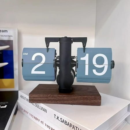 VBESTLIFE Retro Digital Flip Down Clock, Battery Powered Internal Gear Operated Clock, Classic Mechanical, Black Walnut Base, for Home & Office Decor (Blue)