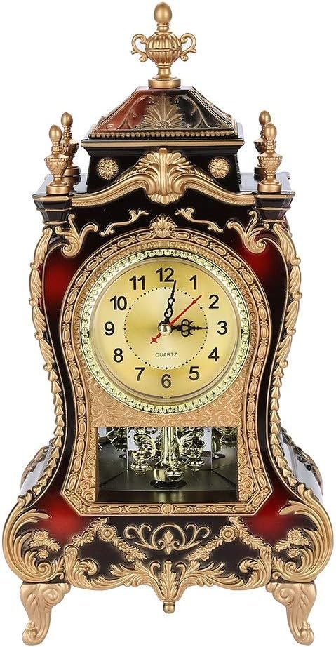 Vintage Clock, Exquisite Vintage Desk Clock Antique Home Hotel Decorative Table Clock with 12 Songs (Brownish Red)