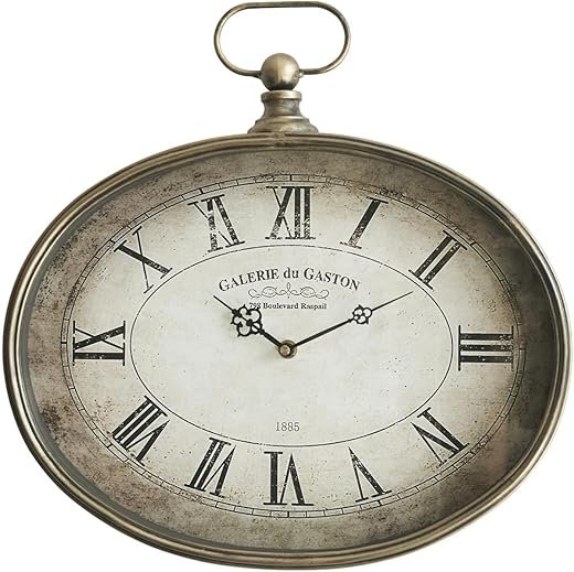 Vintage Decorative Wall Clock - 16 inch, Distressed Gold, Oval Pocket Watch Design, Roman Numerals, Battery Operated, Large Antique Wall Clock for Living Room, Entryway, Kitchen, Office, Bathroom