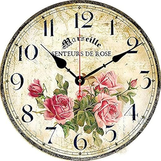 Vintage French Floral Wall Clock with Pink Rose Pattern Small Round Silent Non-Ticking Quartz Movement 8 inches Wall Clocks Battery Operated Home Flower Decorative for Bedroom,Living Room