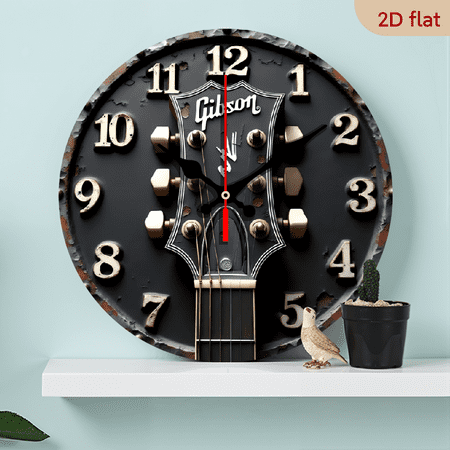 Vintage Gibson Guitar Headstock Wall Clock, Distressed Metal Design for Music Lovers, Perfect Music Room & Studio Decor, a Nostalgic Piece for Guitar Enthusiasts