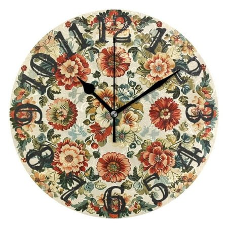 Vintage Medallion Floral Flowers Wall Clock 10 inch Non-Ticking Easy to Read Decorative Clocks for Home Bedroom Living Room