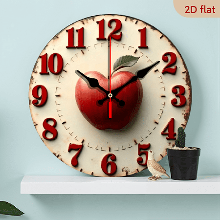 Vintage Red Apple Wall Clock, Rustic Farmhouse Style with 3D Fruit Design, Kitchen & Dining Room Decor, Charming Timepiece for Country Home & Fruit Lovers