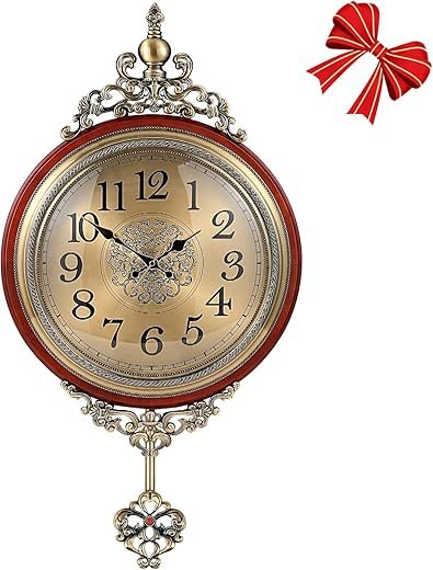 Vintage Wall Clock with Pendulum,Diameter 16 in/Full Length 30.7 in Large Retro Metal and Glass Silent Clock for Living Room, Antique Wood Pendulum for Dining Room Office Home Decor