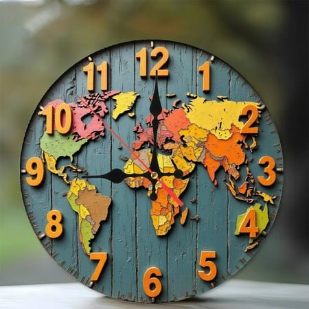 Vintage World Map Wall Clock Home Decor 10-Inch Silent Wooden Wall Clock, Battery Operated (AA Batteries Not Included), Artistic Home Decor