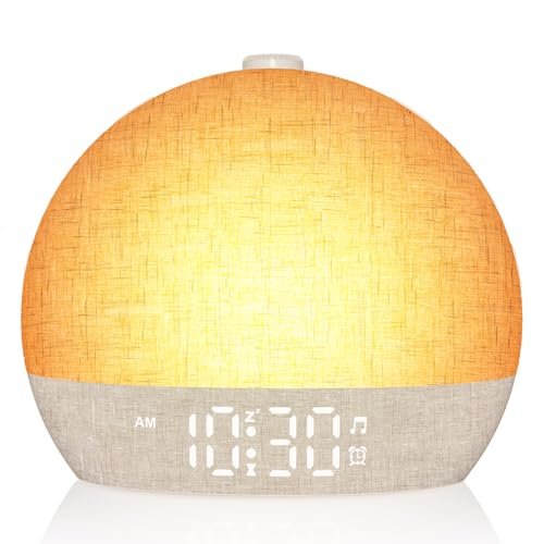 Wake Up Light Sunrise Alarm Clock, White Noise Sound Machine with 30 Soothing Sounds, Dimmable Night Lights, Sleep Aid, Snooze, Timer, Loud Alarm Clock for Heavy Sleepers Adults Kids, Ideal for Gift