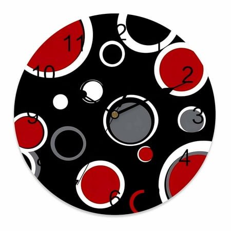 Wall Clock 10 Inch Abstract Modern Round Silent Decorative Wall Clocks Battery Operated for Living Room Bedroom Kitchen Classroom Decor, Geometric Circle Red Black White,Small